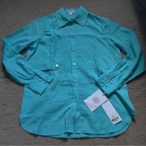 Per Se by Carlisle Scottie Turquoise Blouse Teal Button Front Shirt Top Size 6